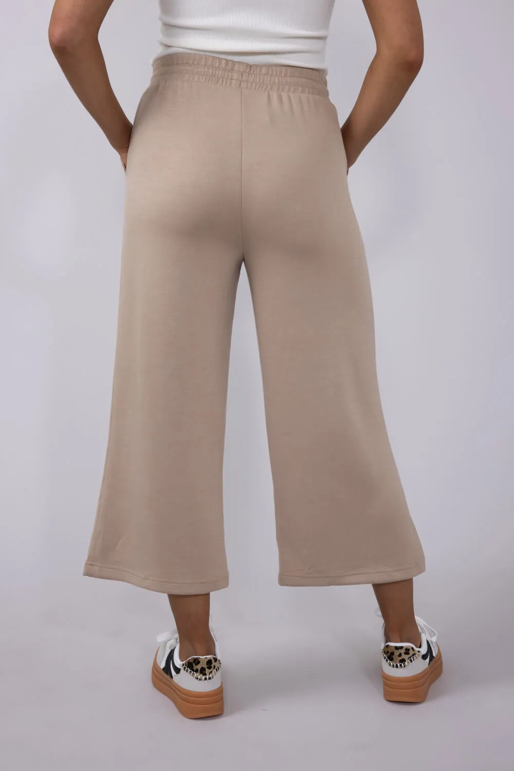 Love Tree Scuba Knit Cropped Wide Leg Lounge Pants for Women in Taupe | 6990PN-TAUPE