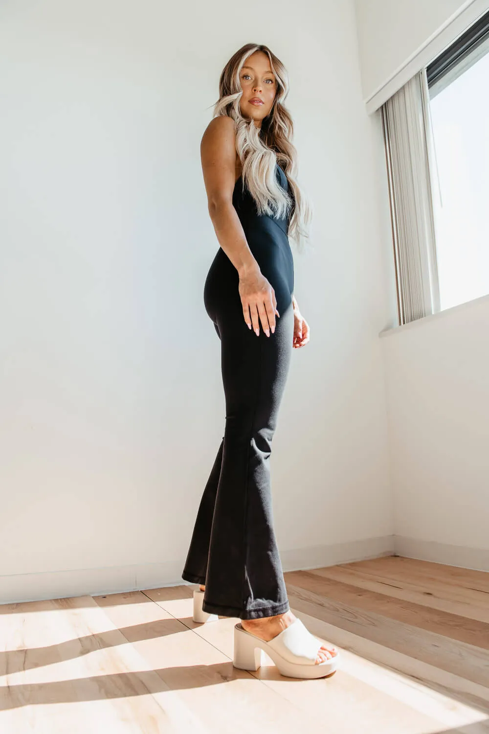 Mono B Flare Sleeveless Long Catsuit (Bodysuit) for Women in Black | APBR0938