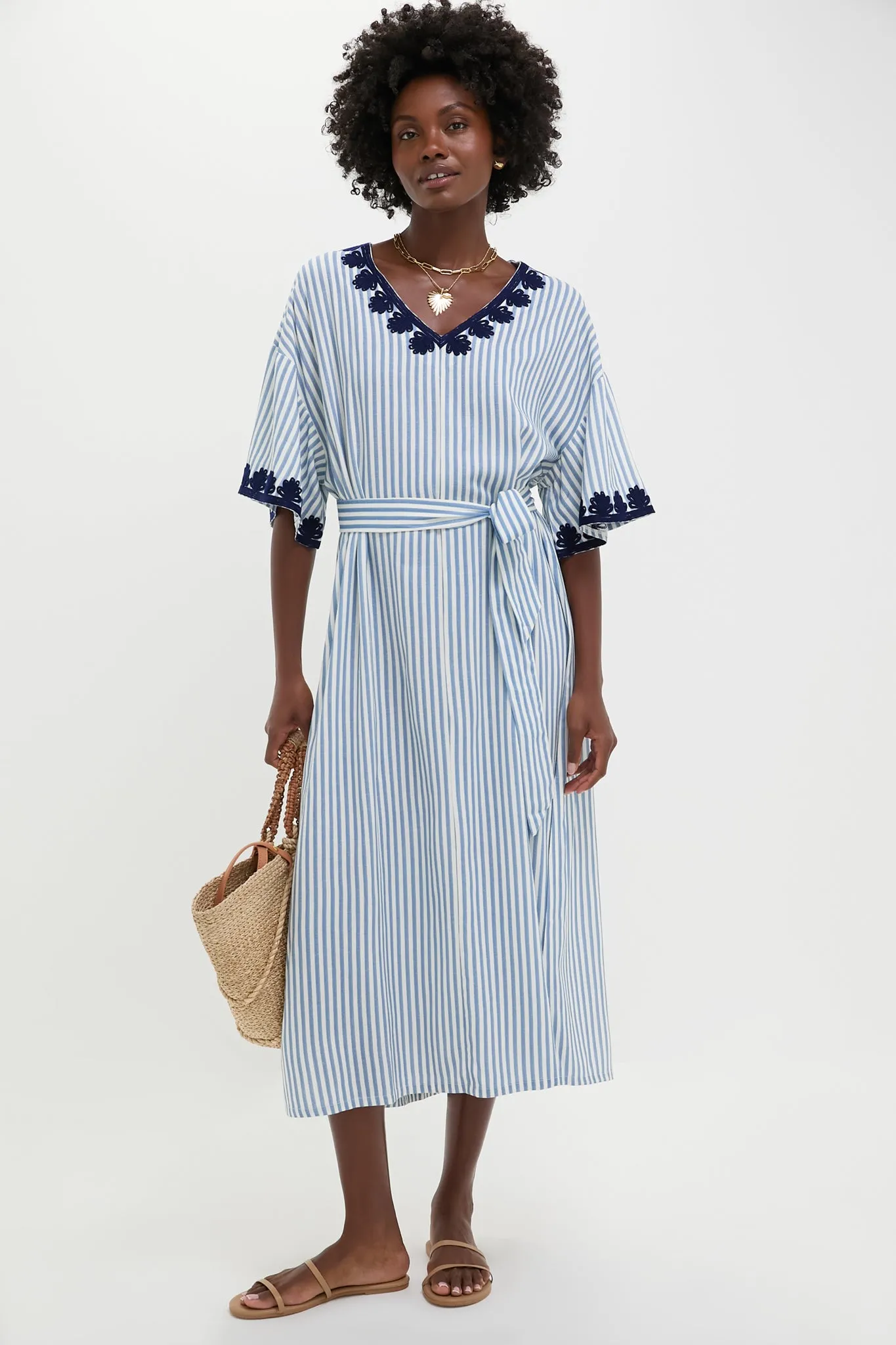 Navy Embroidered Striped Corfu Caftan