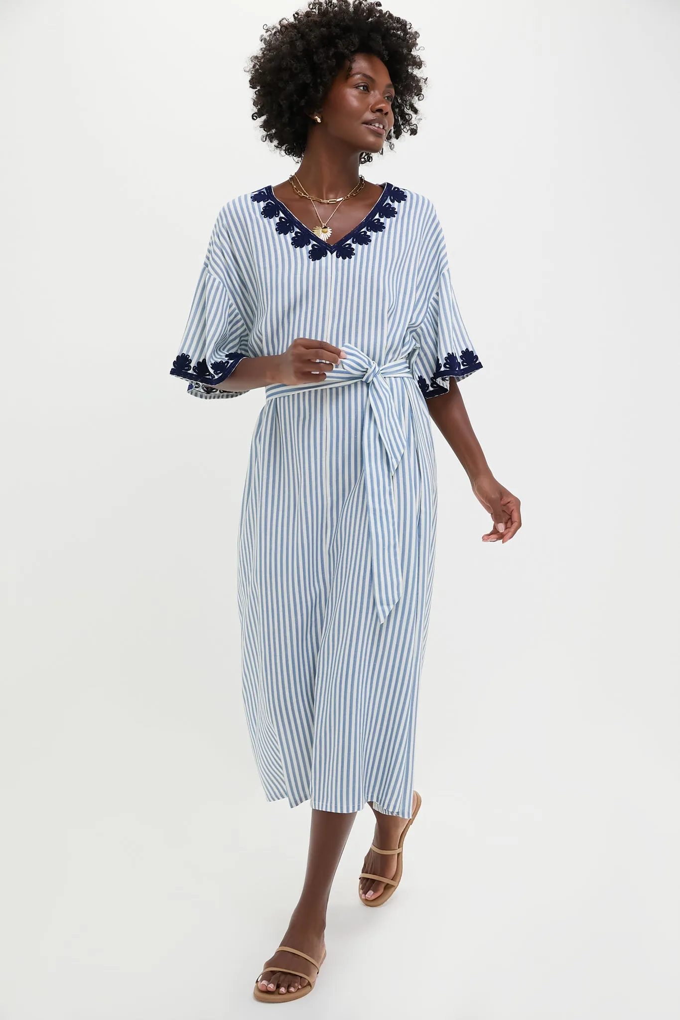 Navy Embroidered Striped Corfu Caftan