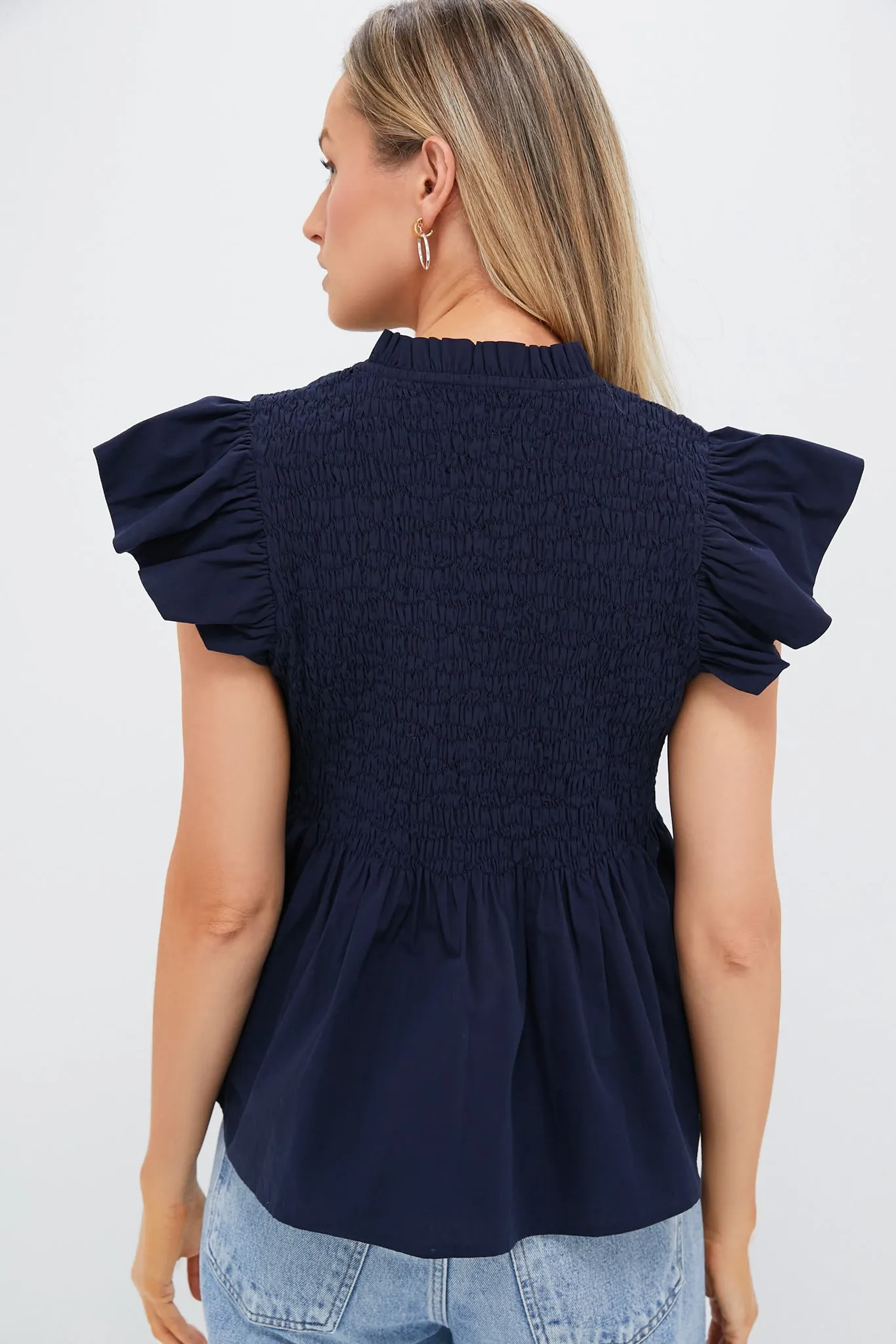 Navy Flutter Sleeve Smocked Irma Top