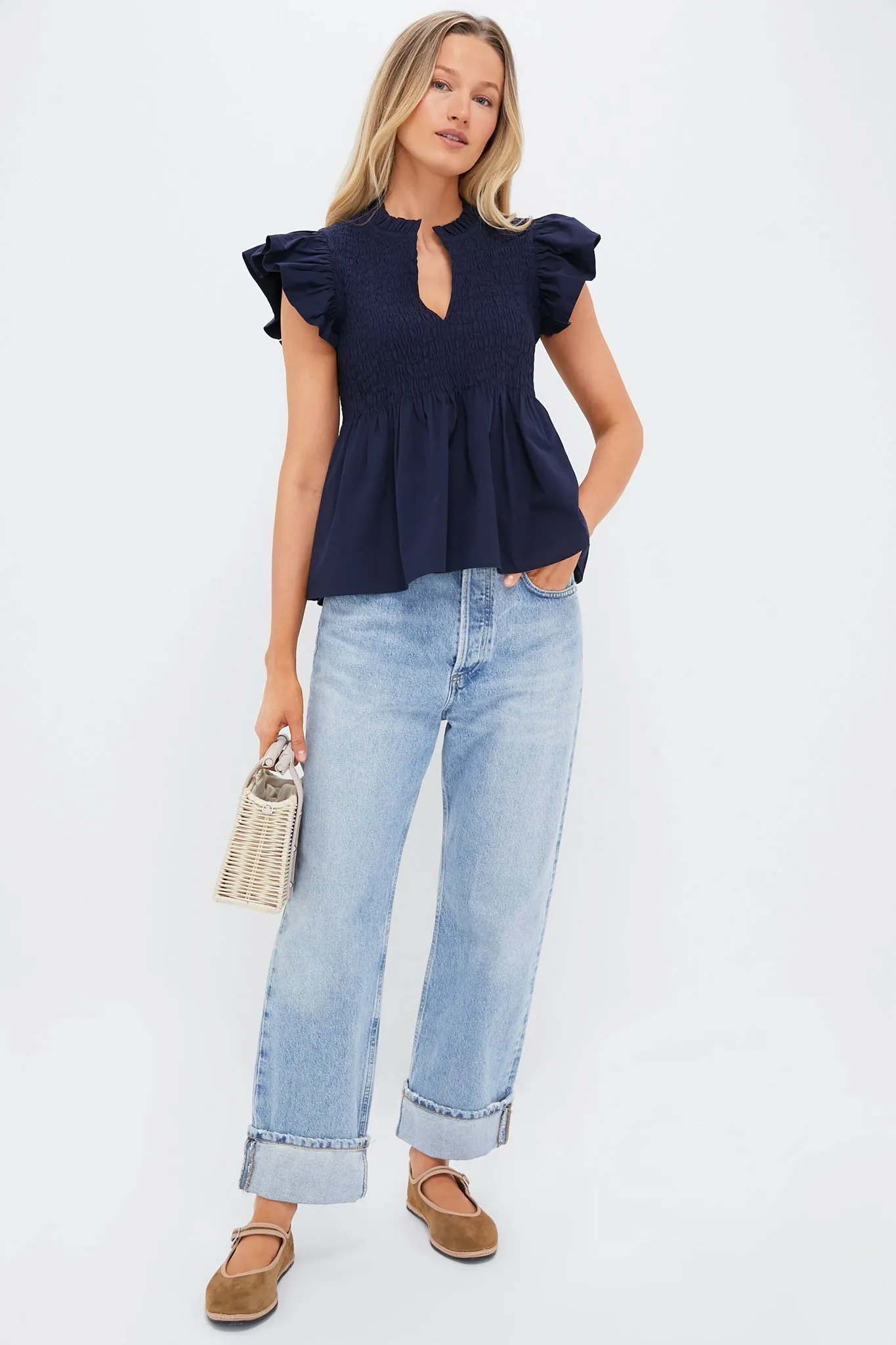Navy Flutter Sleeve Smocked Irma Top