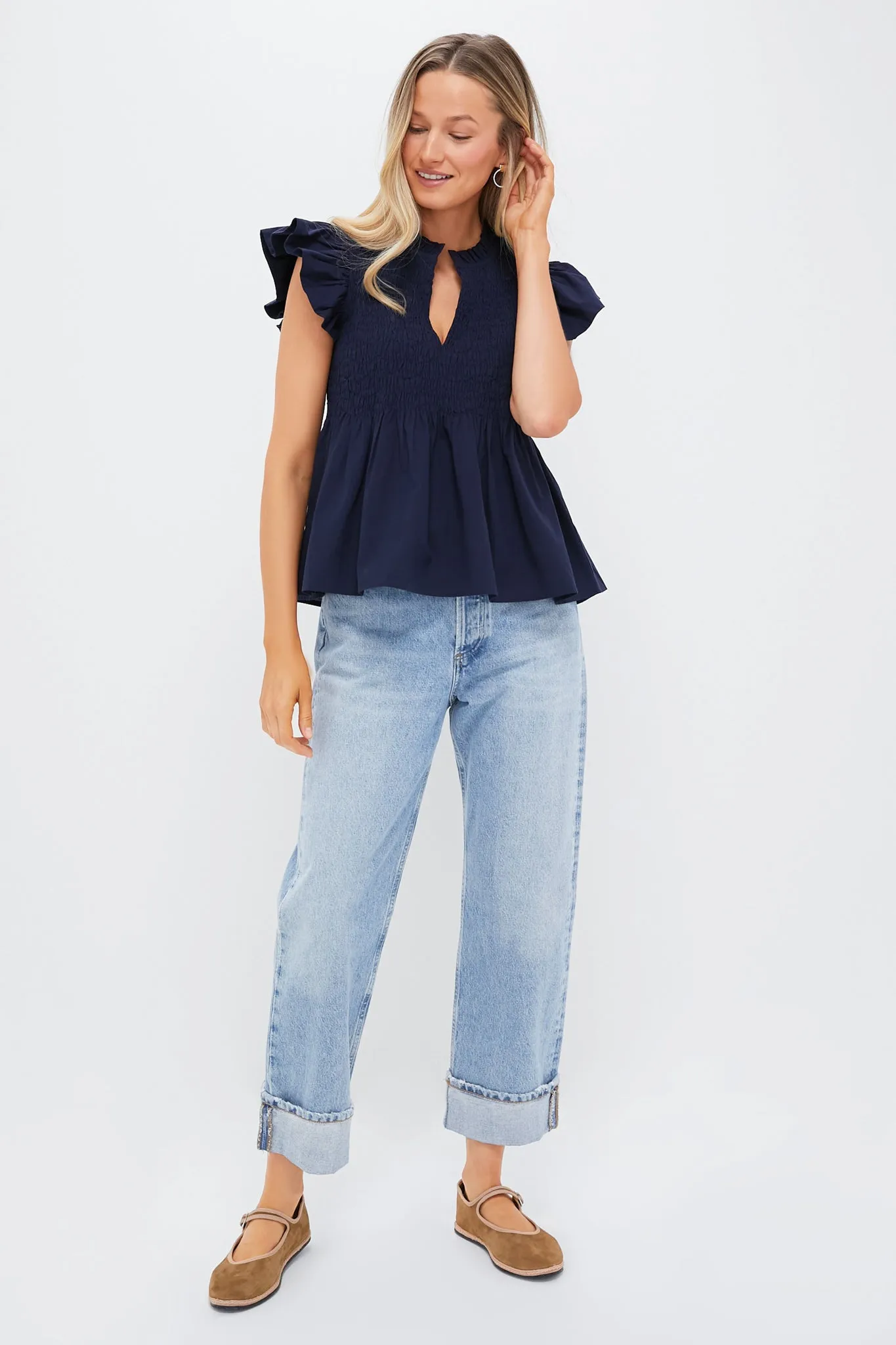 Navy Flutter Sleeve Smocked Irma Top