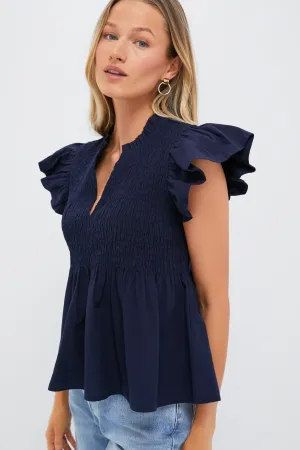 Navy Flutter Sleeve Smocked Irma Top