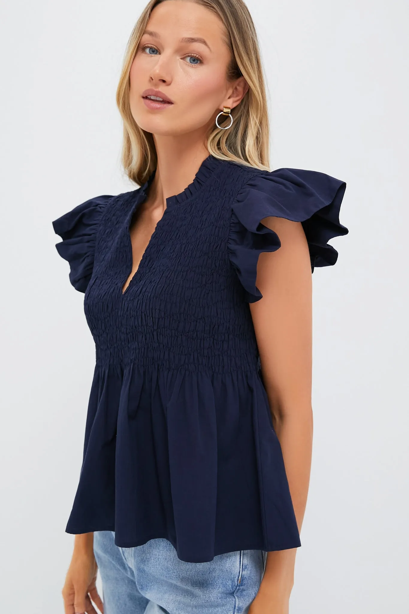 Navy Flutter Sleeve Smocked Irma Top
