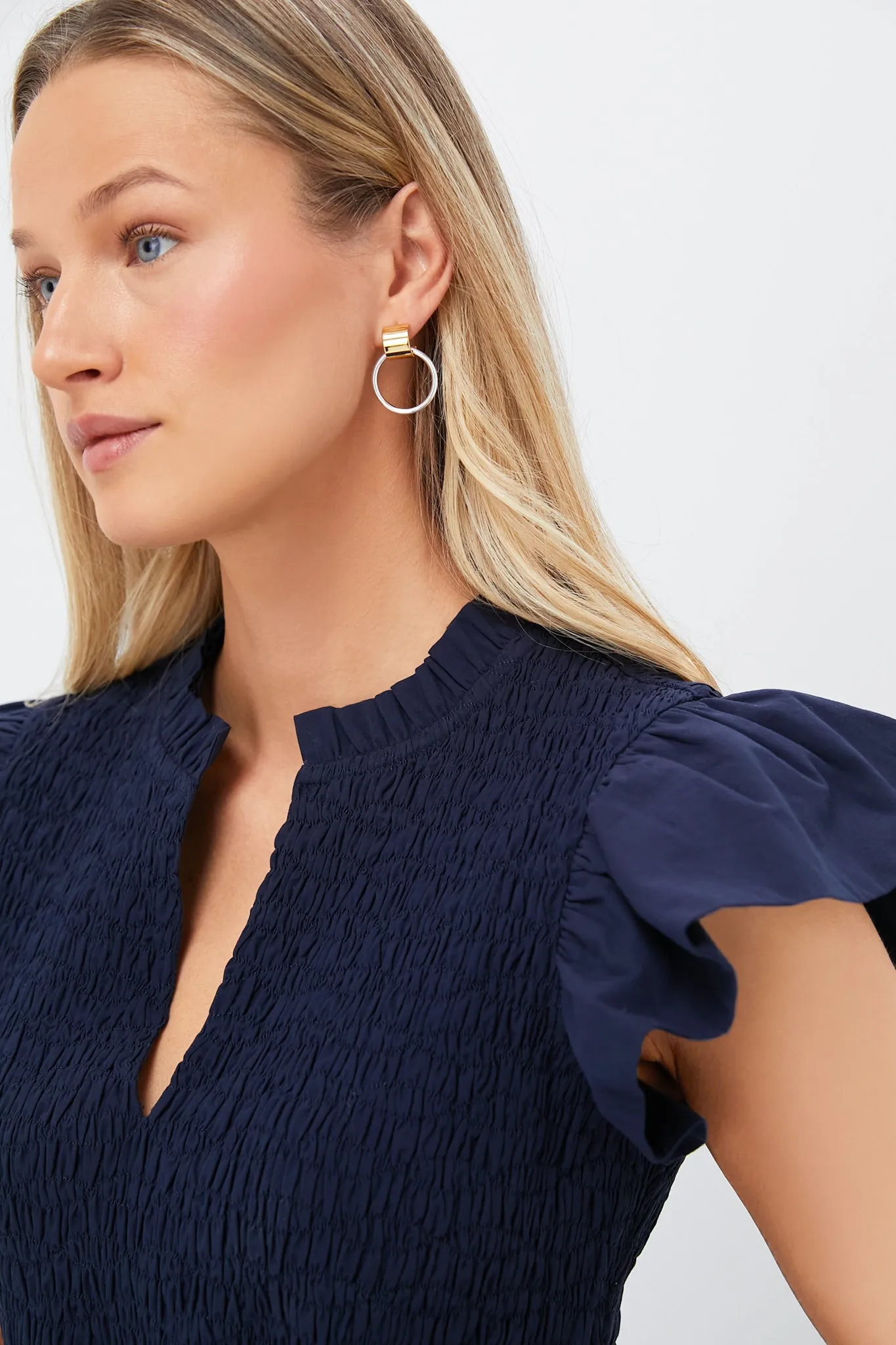 Navy Flutter Sleeve Smocked Irma Top