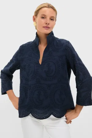 Navy Nautical Eyelet Margot Stand Collar Blouse