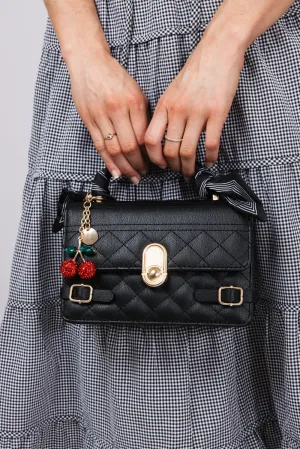 Pebbled Tie Handbag Cherry Charm Purse for Women in Black | 1735-BLACK
