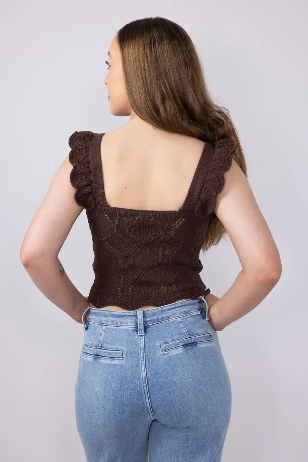 Pointelle Knit Ruffled Tank Top for Women in Brown | MK7030-BROWN