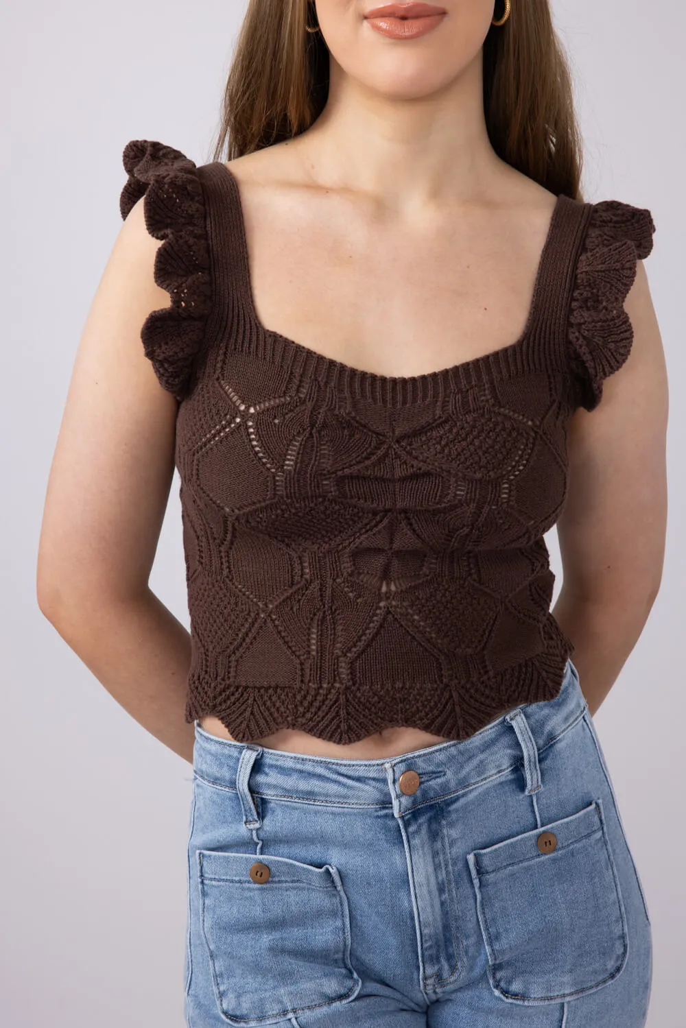 Pointelle Knit Ruffled Tank Top for Women in Brown | MK7030-BROWN