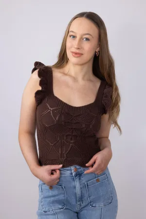 Pointelle Knit Ruffled Tank Top for Women in Brown | MK7030-BROWN