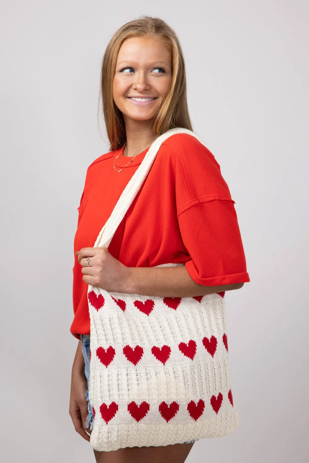 Red Heart Sweater Bag for Women in Off White/Red | HEART-BAG-GL-RED