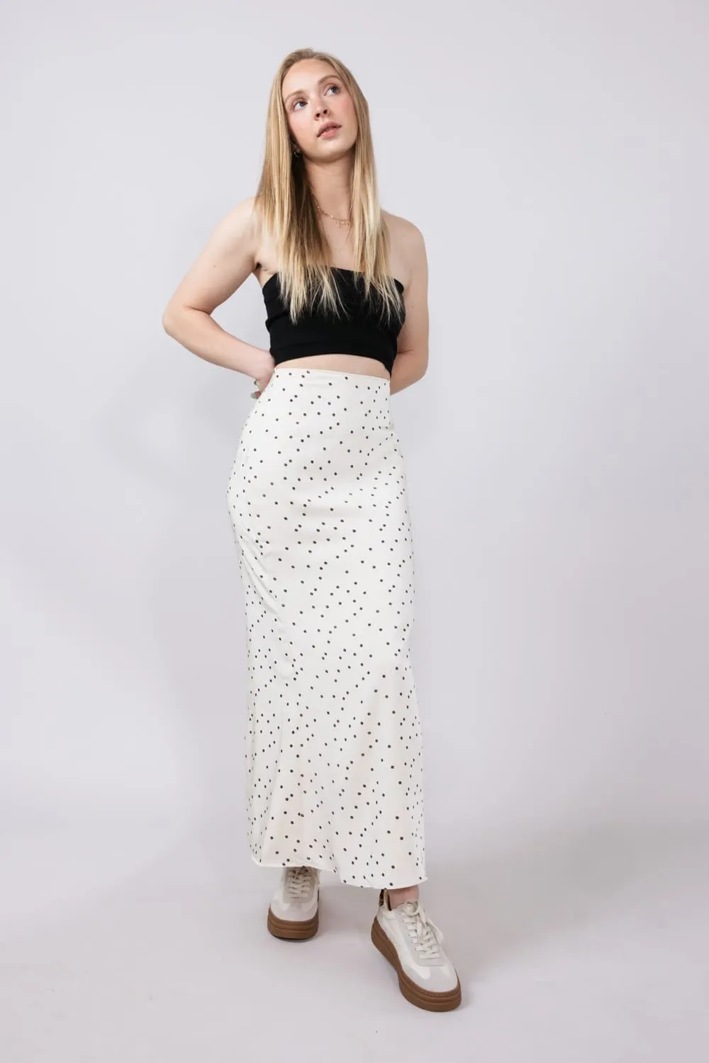 Satin Polka Dot Maxi Skirt for Women in Ivory | PSS1562-IVORY