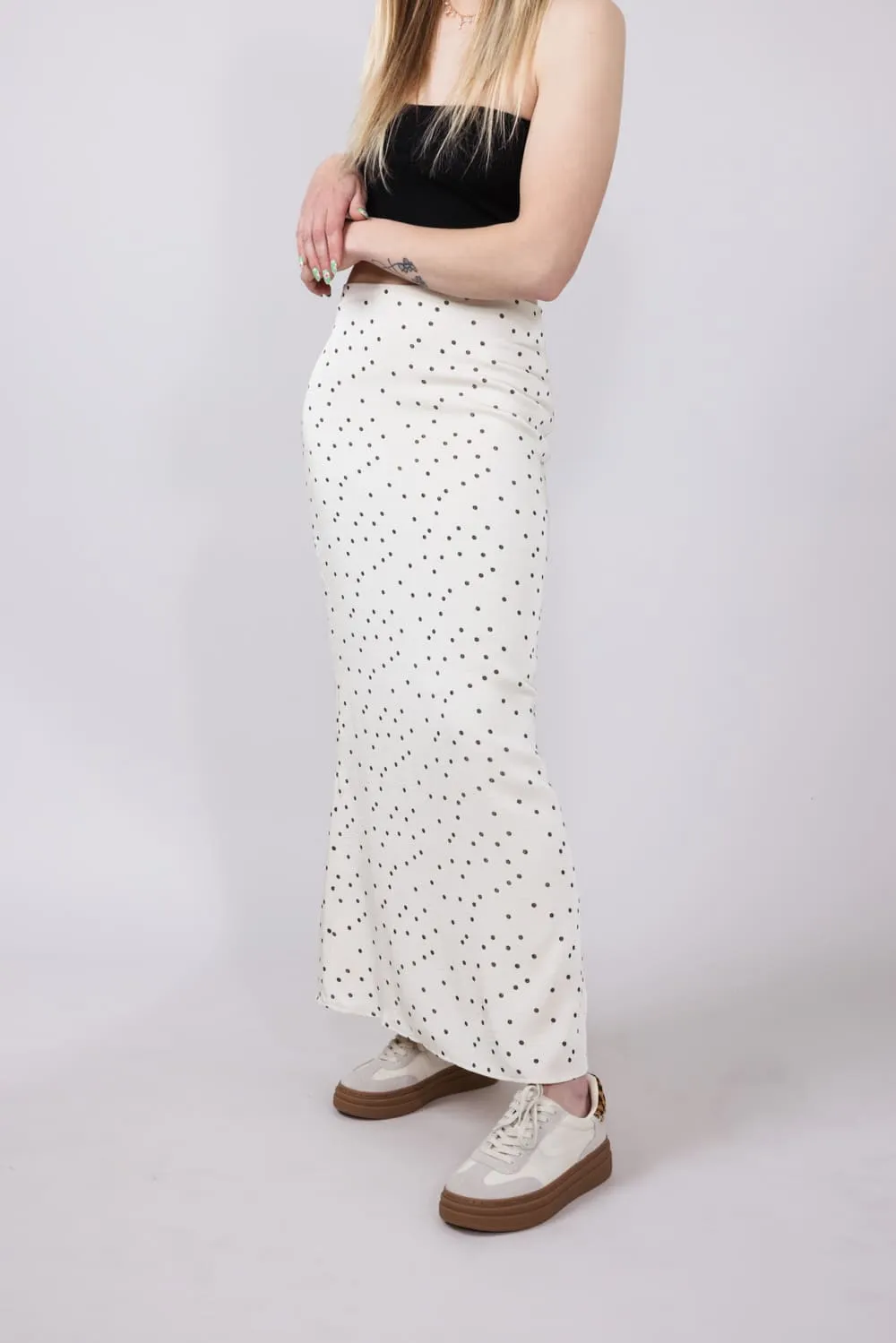 Satin Polka Dot Maxi Skirt for Women in Ivory | PSS1562-IVORY