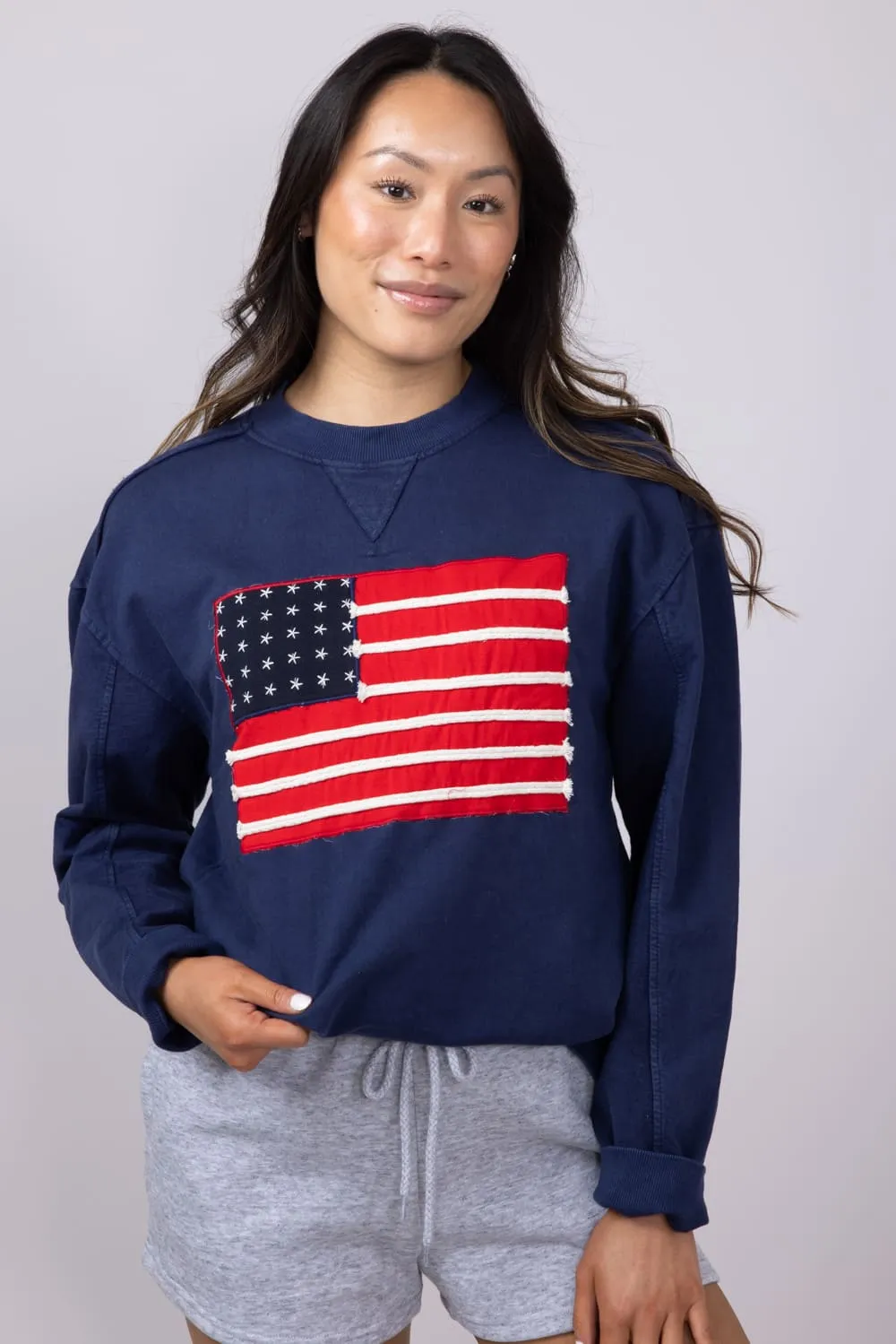 Simply Southern American Flag Oversized Sweatshirt for Women in Navy | PP-0125-PULL-CREW-USA