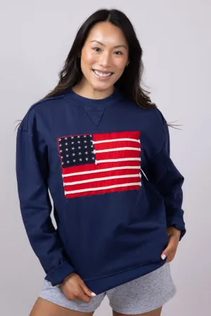 Simply Southern American Flag Oversized Sweatshirt for Women in Navy | PP-0125-PULL-CREW-USA