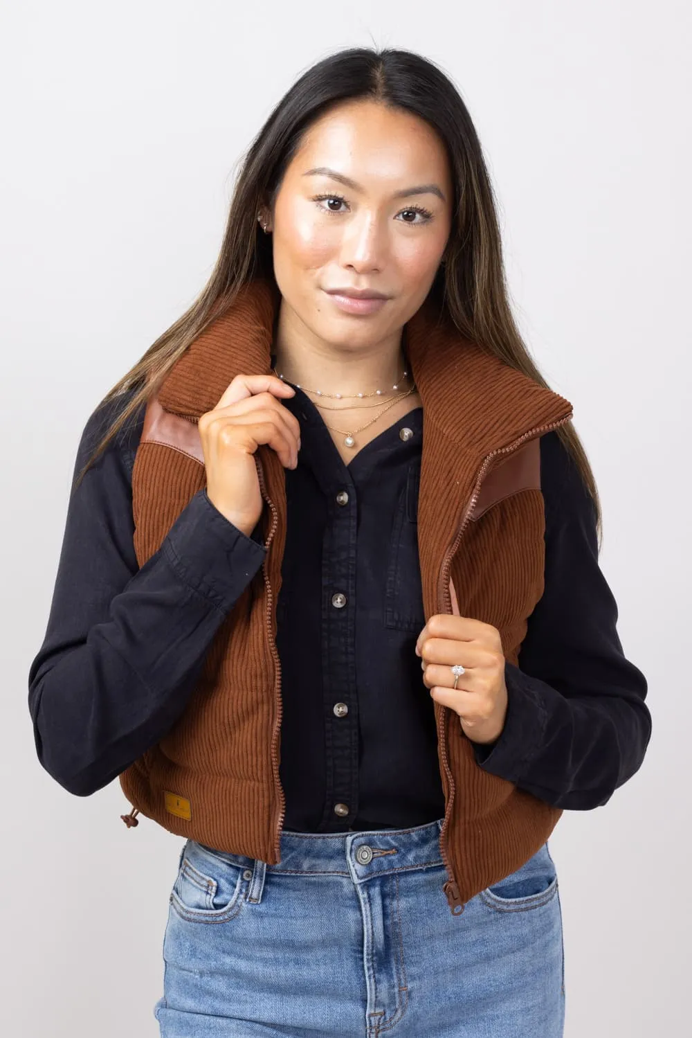 Simply Southern Corduroy Cropped Zippered Vest for Women in Sable | PP-0224-VEST-CORD-SABLE