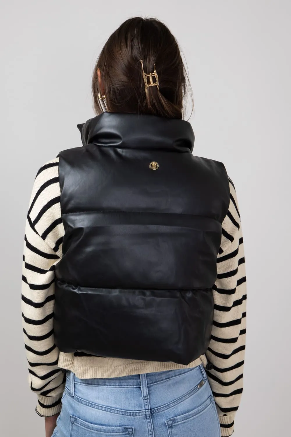 Simply Southern Faux Leather Cropped Puffer Vest for Women in Black | PP-0224-VEST-LTHR-BLACK