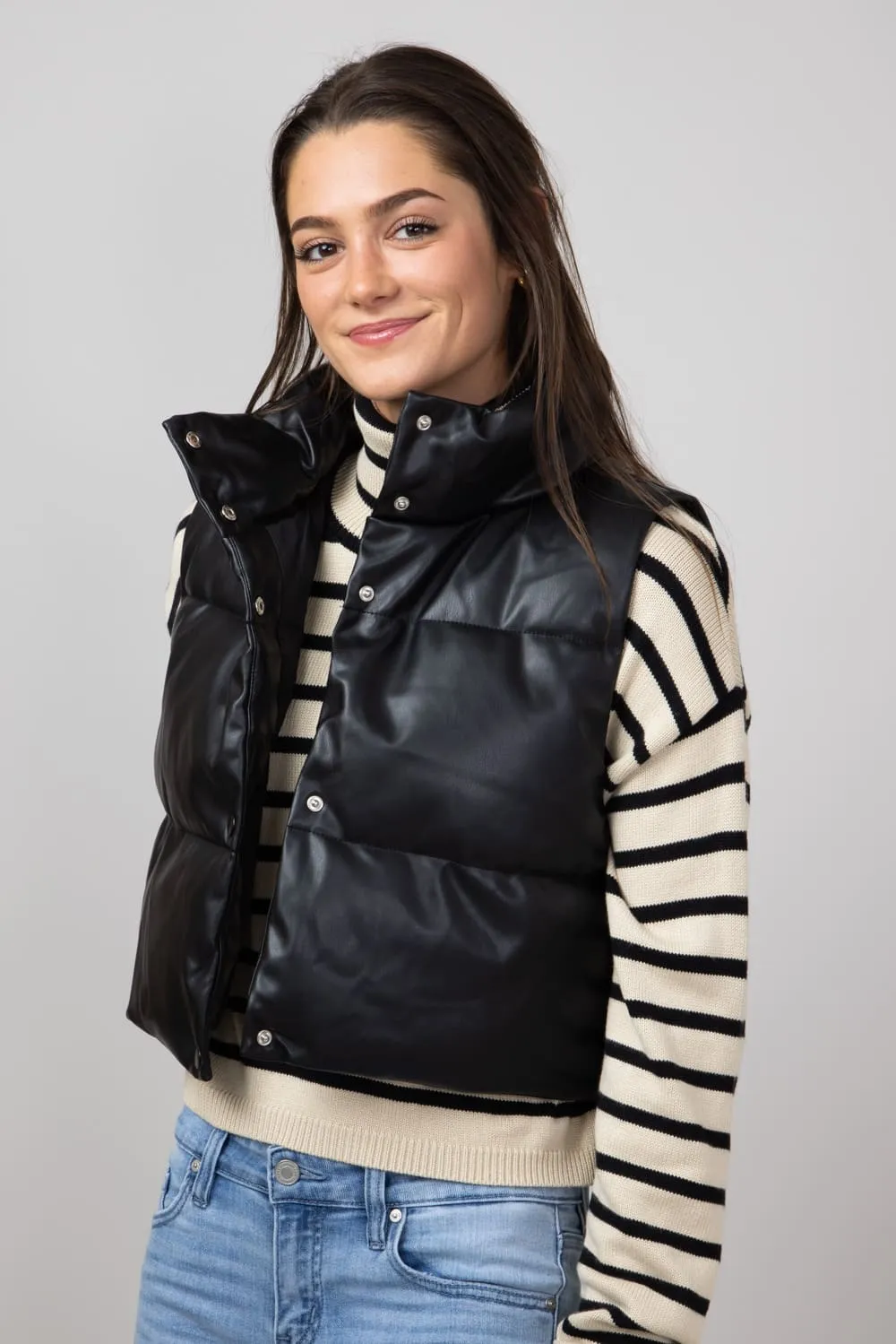 Simply Southern Faux Leather Cropped Puffer Vest for Women in Black | PP-0224-VEST-LTHR-BLACK