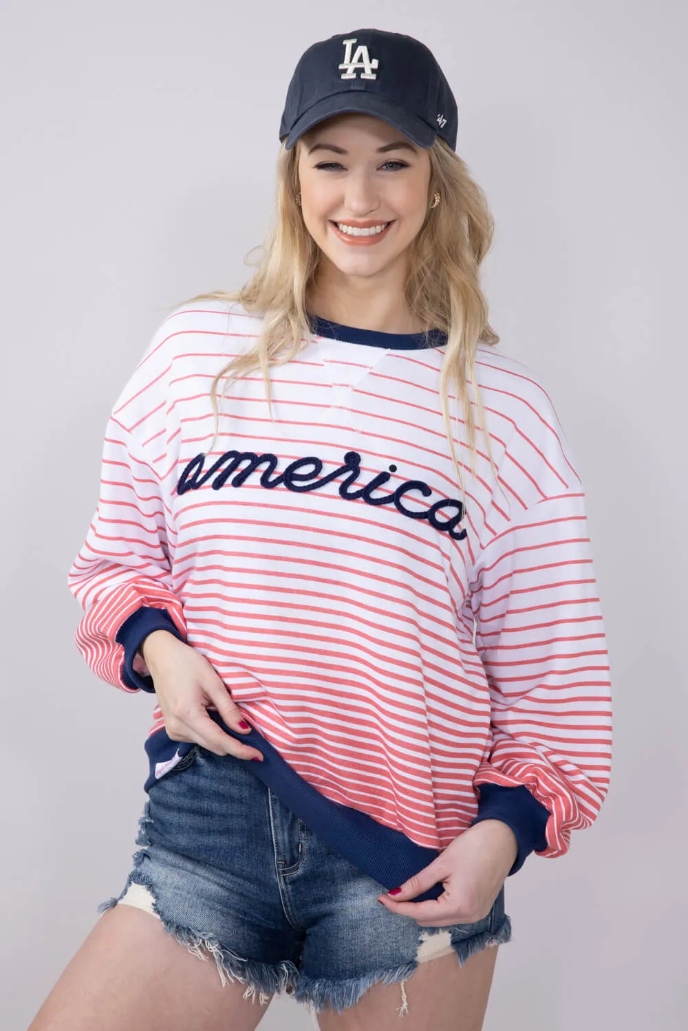Simply Southern French Terry Striped America Sweatshirt for Women in White | PP-0125-SWTR-TRY-FRNCH-USA