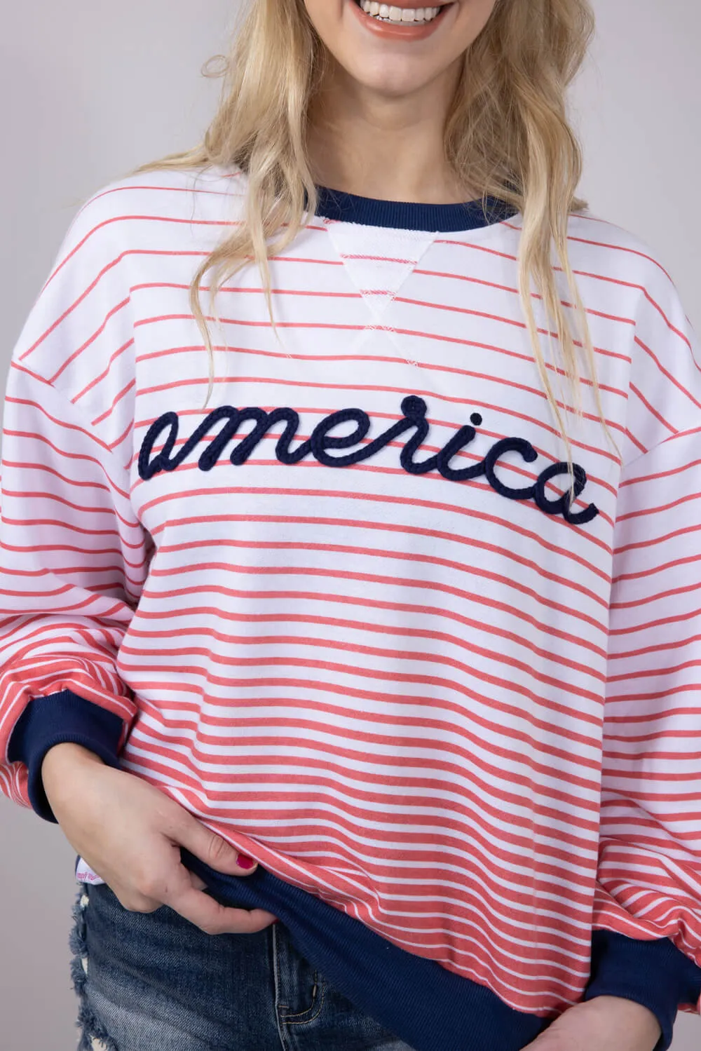 Simply Southern French Terry Striped America Sweatshirt for Women in White | PP-0125-SWTR-TRY-FRNCH-USA