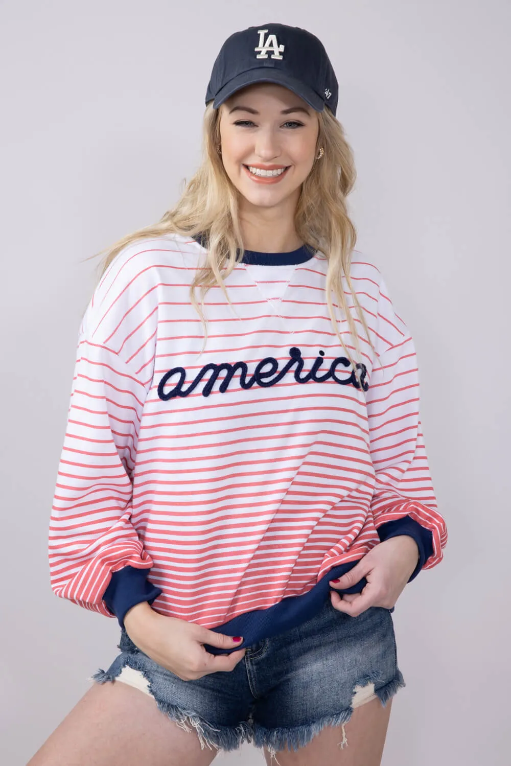 Simply Southern French Terry Striped America Sweatshirt for Women in White | PP-0125-SWTR-TRY-FRNCH-USA