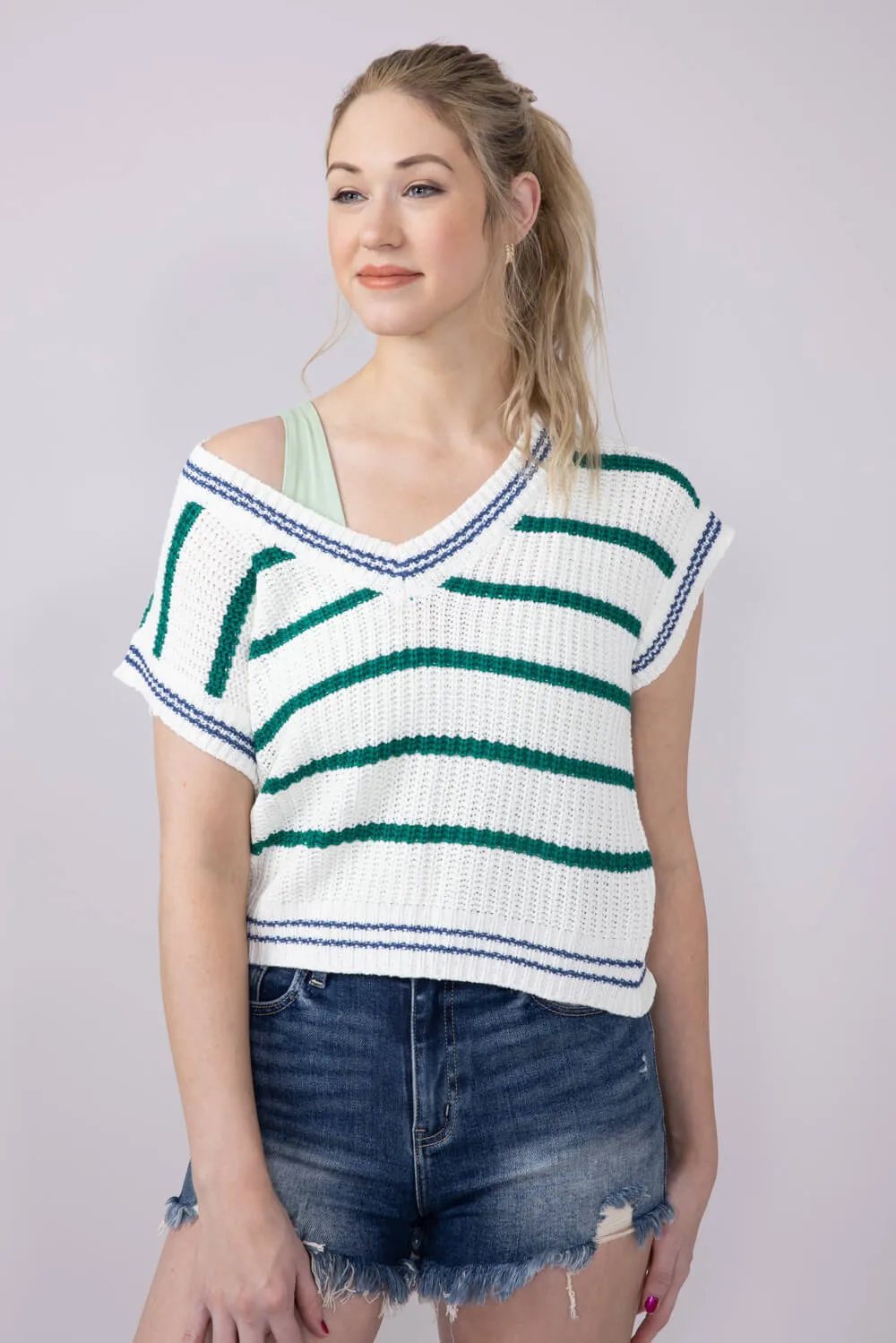 Simply Southern Jeckyl Striped Cap Sleeve Sweater for Women in Green | PP-0125-TOP-JECKYL-GRNSTRPD
