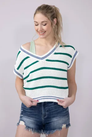 Simply Southern Jeckyl Striped Cap Sleeve Sweater for Women in Green | PP-0125-TOP-JECKYL-GRNSTRPD