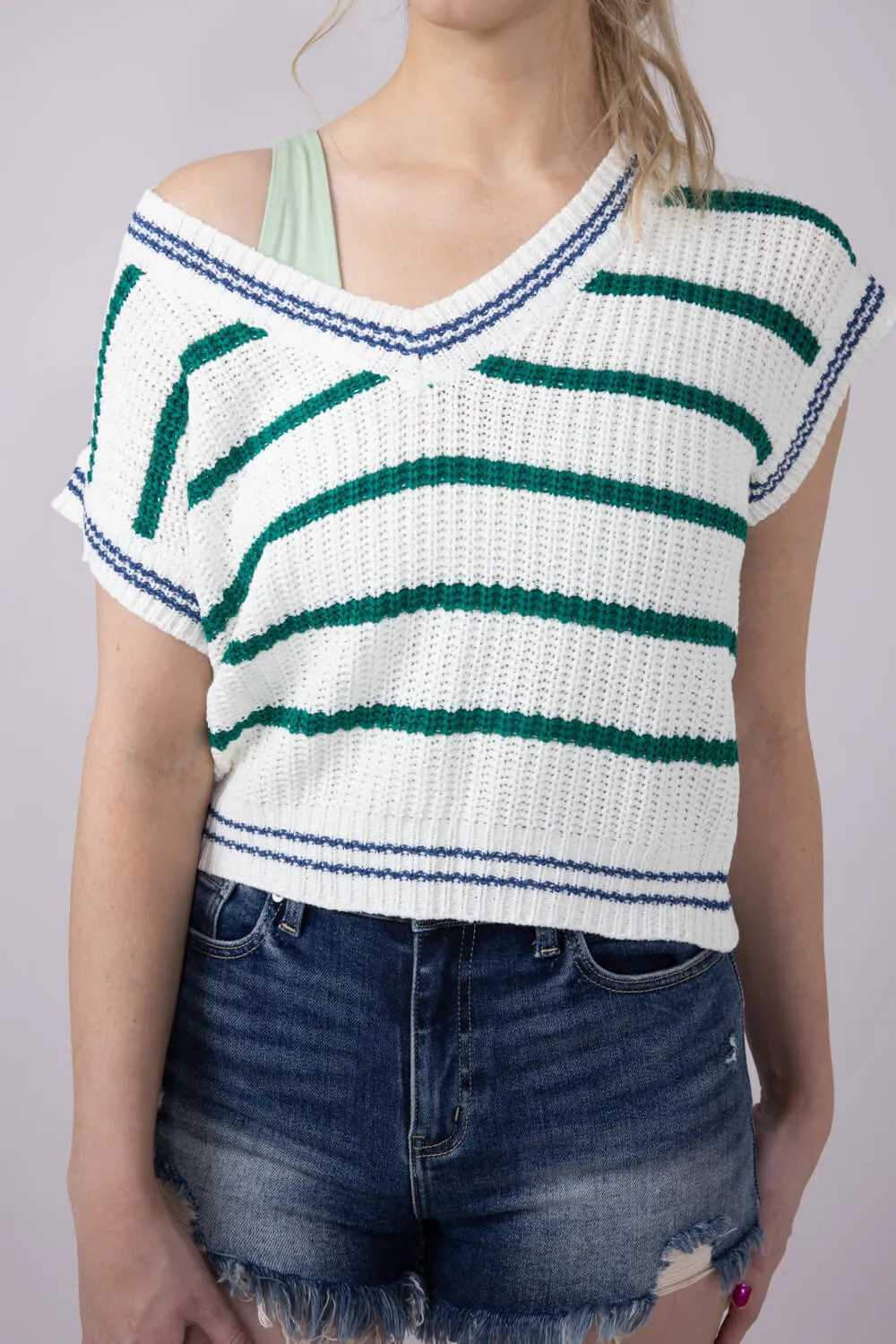 Simply Southern Jeckyl Striped Cap Sleeve Sweater for Women in Green | PP-0125-TOP-JECKYL-GRNSTRPD