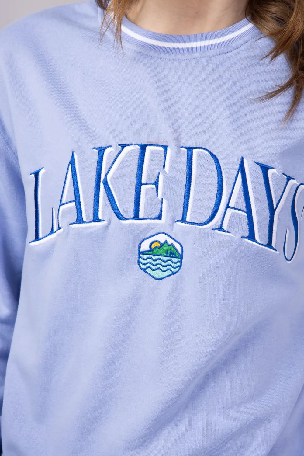 Simply Southern Lake Days Varsity Sweatshirt for Women in Blue | PP-0125-CREW-VARSITY1-LAKE