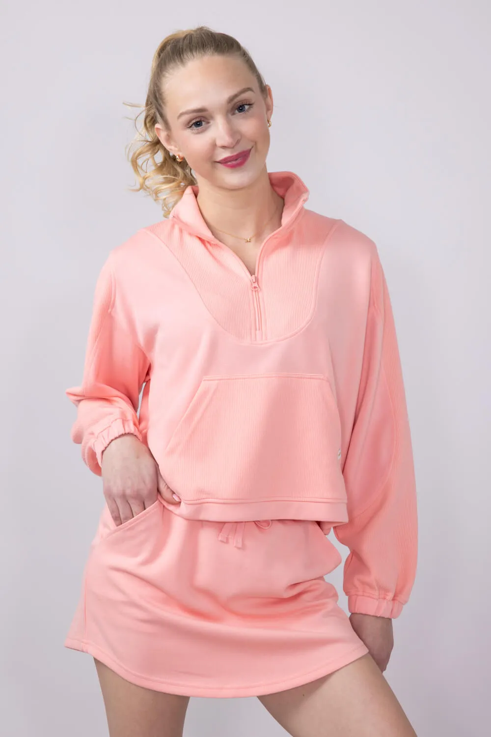 Simply Southern Ribbed Panel Modal Knit ¼ Zip for Women in Coral | PP-0125-PULL-QTRZIP-CORAL
