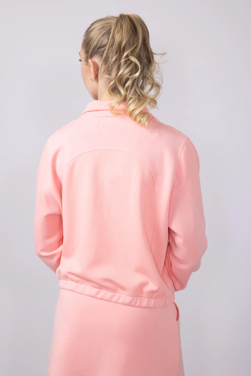 Simply Southern Ribbed Panel Modal Knit ¼ Zip for Women in Coral | PP-0125-PULL-QTRZIP-CORAL