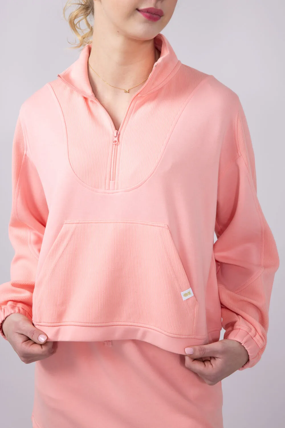 Simply Southern Ribbed Panel Modal Knit ¼ Zip for Women in Coral | PP-0125-PULL-QTRZIP-CORAL