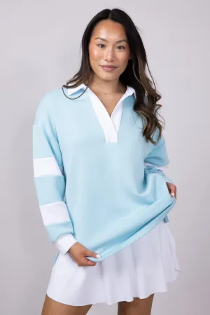 Simply Southern Rugby Pullover for Women in Ice Blue | PP-0125-TOP-MACY-ICE