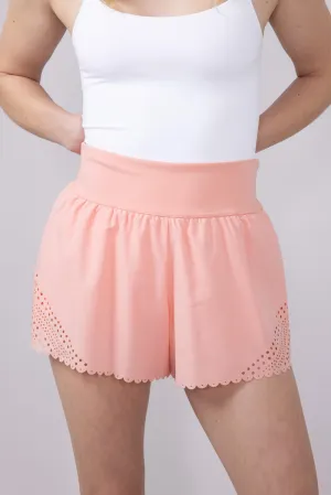 Simply Southern Scalloped Hem Shorts for Women in Coral | PP-0125-SHORT-SCLP-CORAL