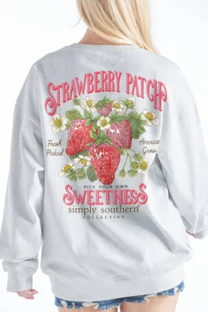 Simply Southern Strawberry Patch Fleece Sweatshirt for Women in Grey | CREW-PATCH-FLURRY