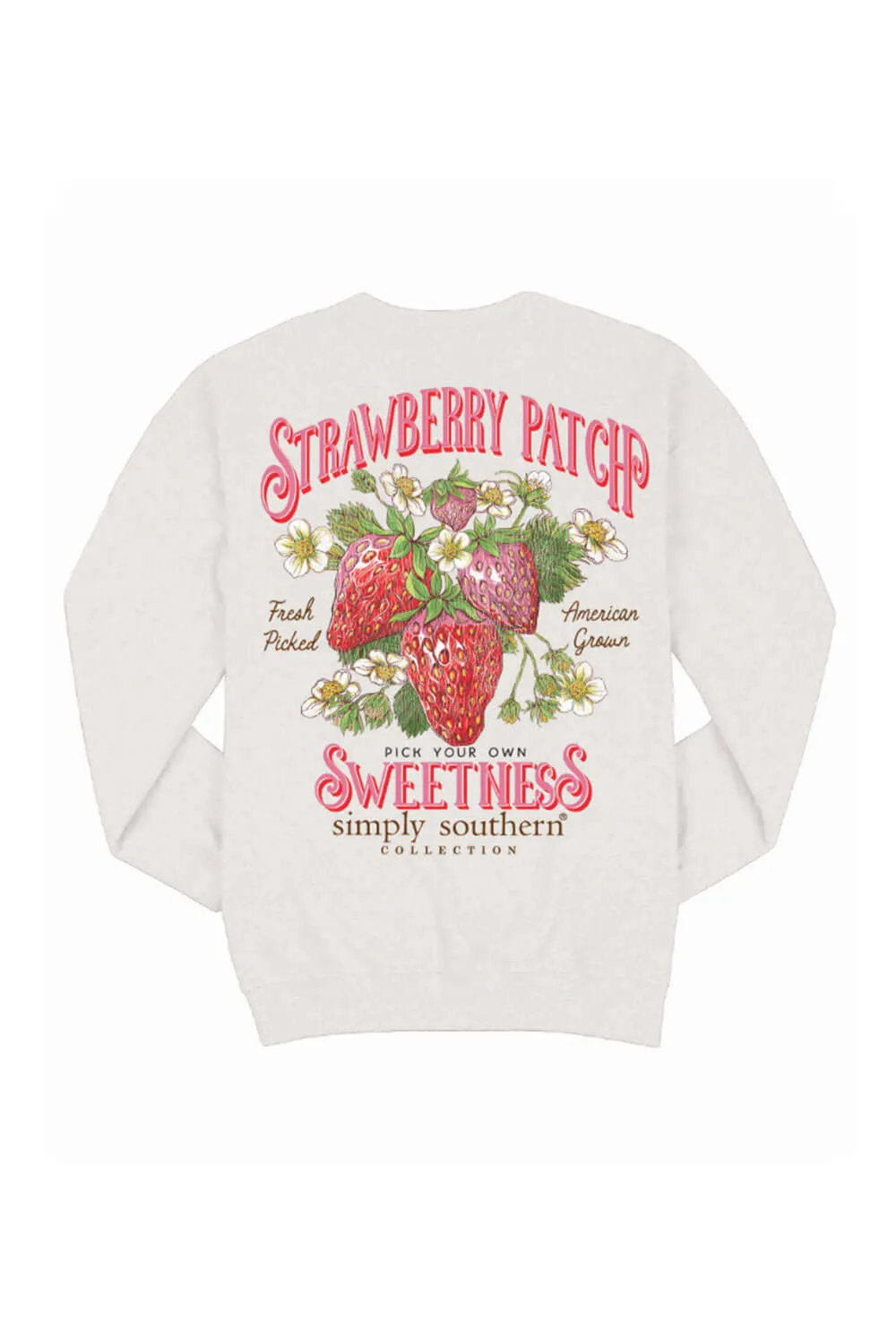 Simply Southern Strawberry Patch Fleece Sweatshirt for Women in Grey | CREW-PATCH-FLURRY