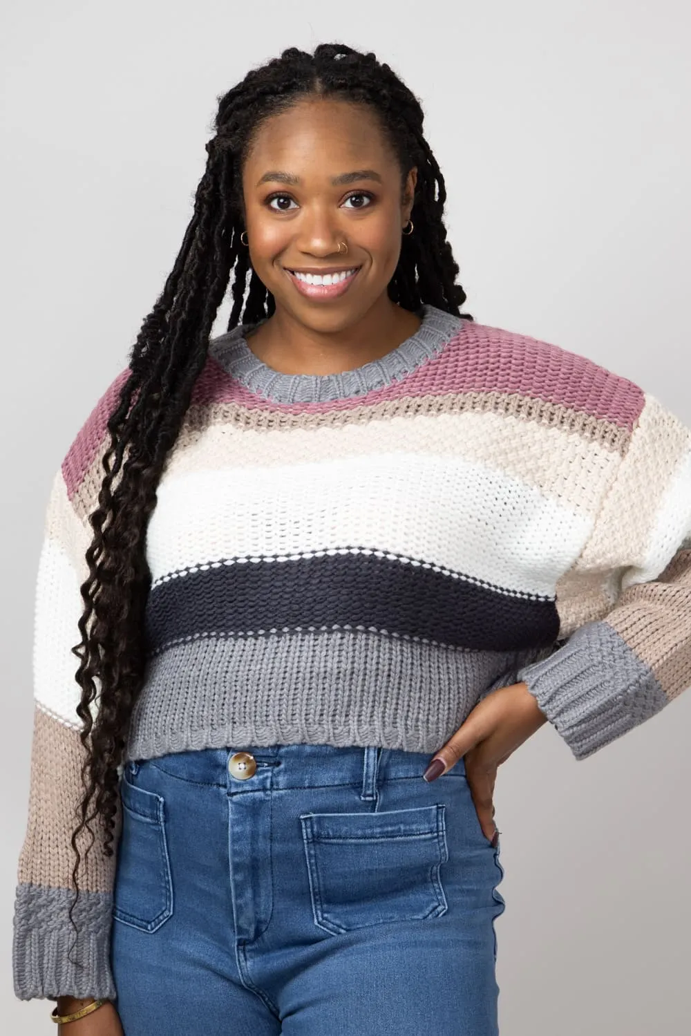 Simply Southern Striped Cropped Sweater for Women in Plum | PP-0224-SWTR-CLRSTRP-PLUM