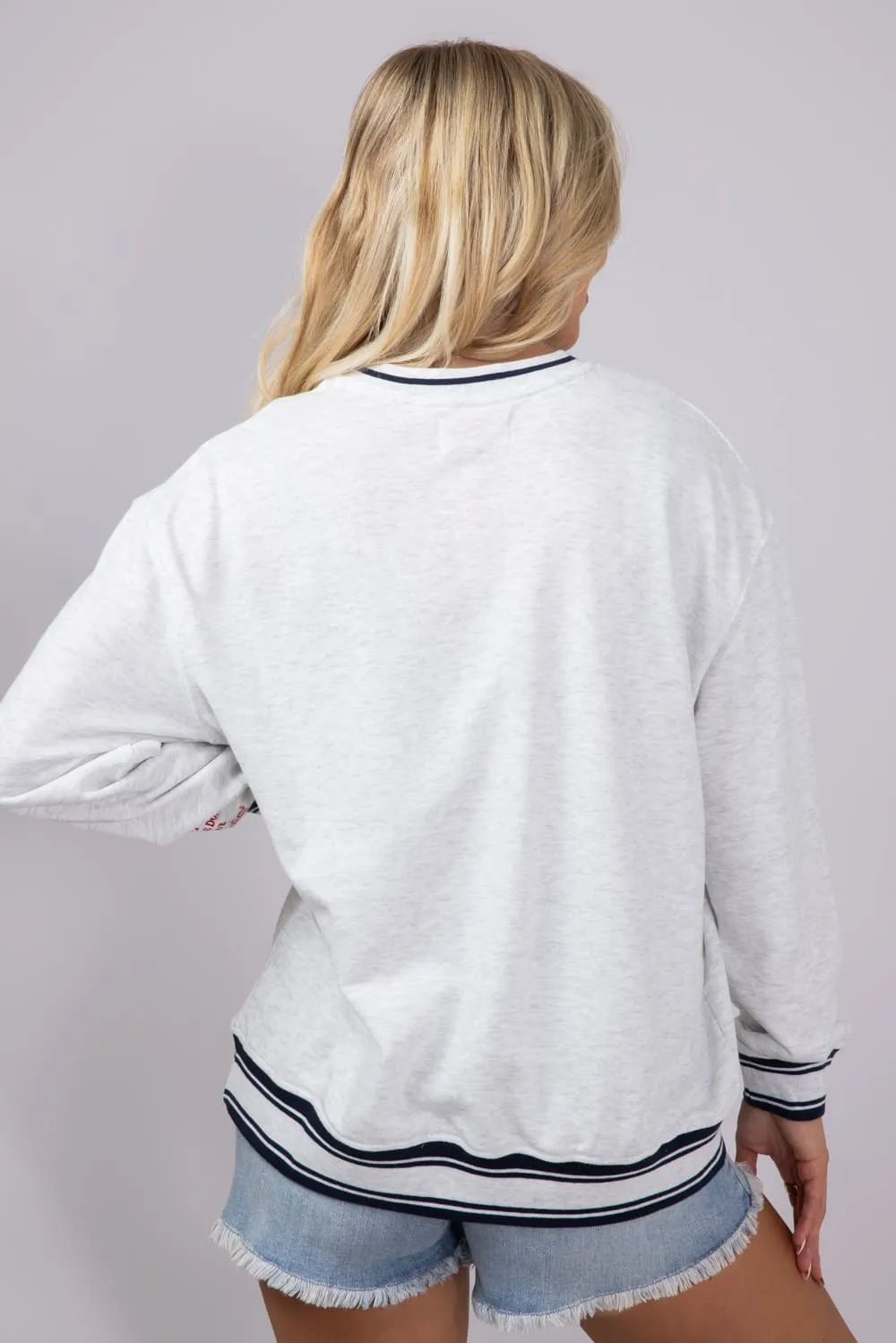 Simply Southern USA 1776 Varsity Sweatshirt for Women in Light Grey | PP-0125-CREW-VARSITY1-USA
