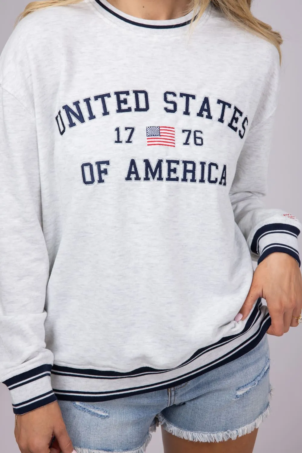 Simply Southern USA 1776 Varsity Sweatshirt for Women in Light Grey | PP-0125-CREW-VARSITY1-USA
