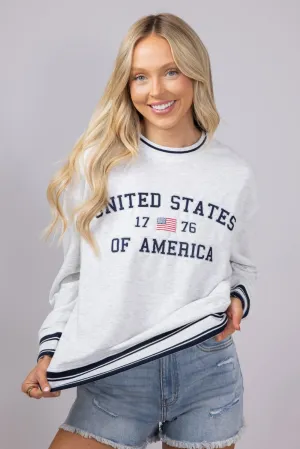 Simply Southern USA 1776 Varsity Sweatshirt for Women in Light Grey | PP-0125-CREW-VARSITY1-USA