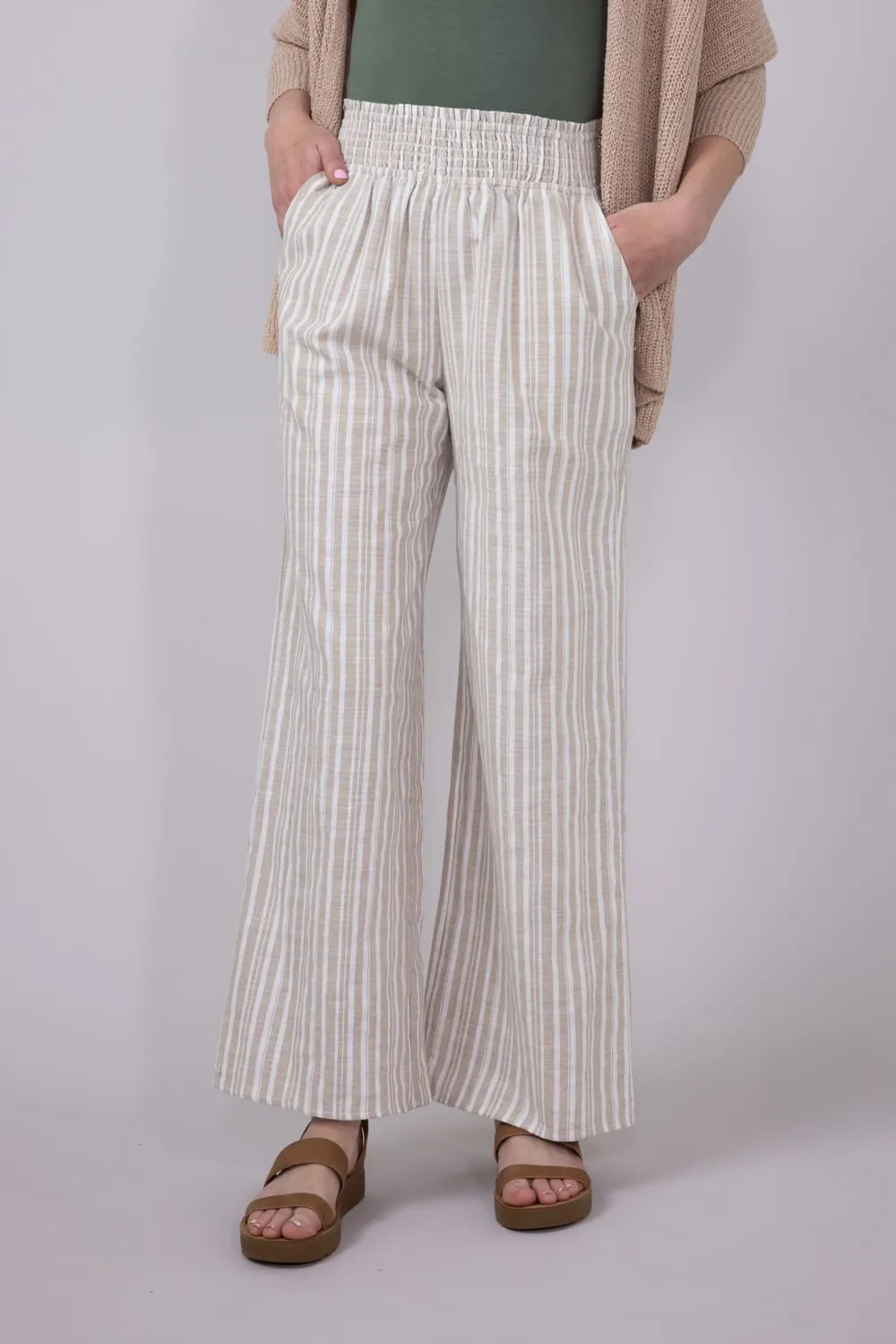 Smocked Waist Linen Wide Leg Pants for Women in Taupe | FP3381-TAUPE