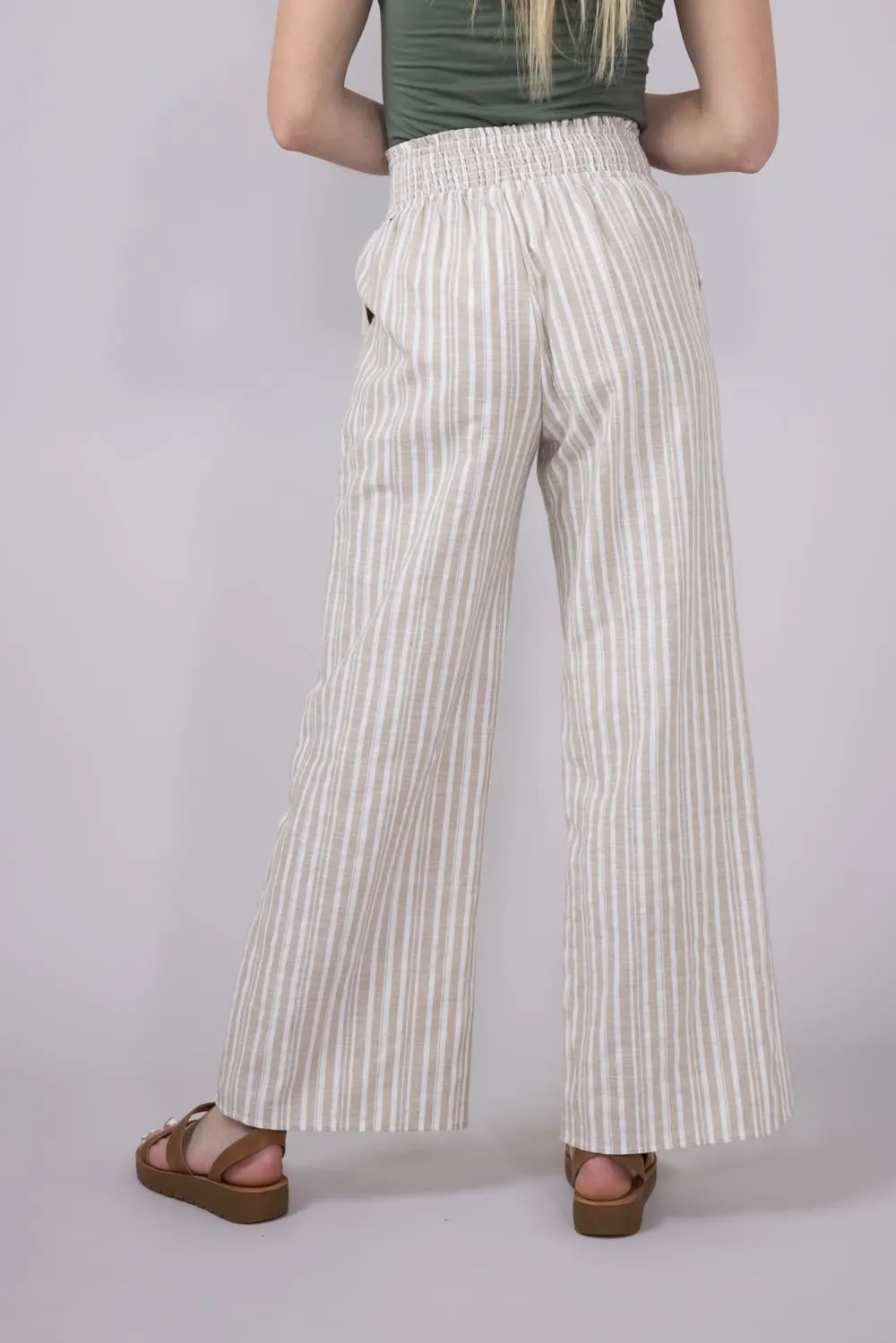 Smocked Waist Linen Wide Leg Pants for Women in Taupe | FP3381-TAUPE