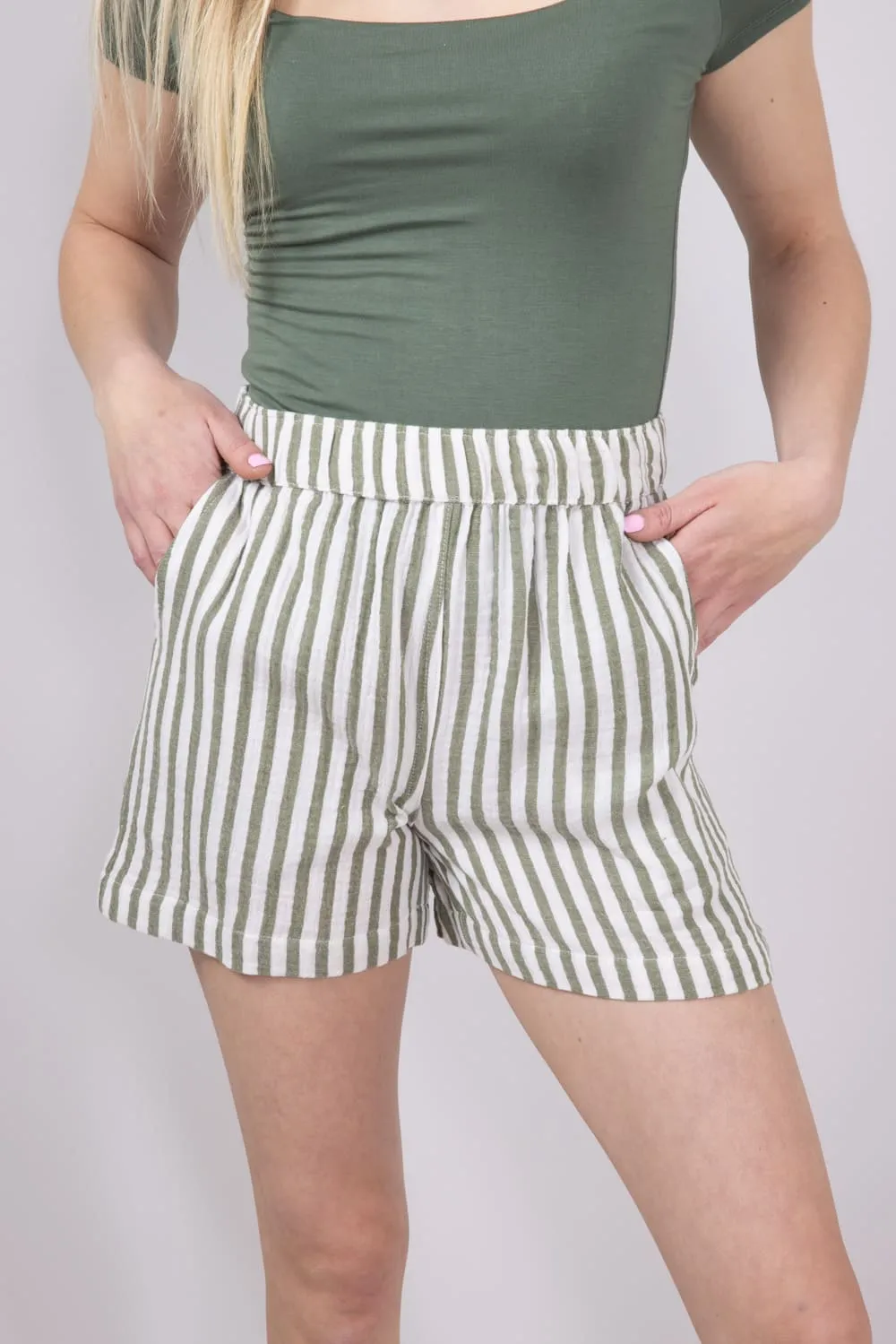 Stripe Boxer Lounge Shorts for Women in Chive | 42725-CHIVE