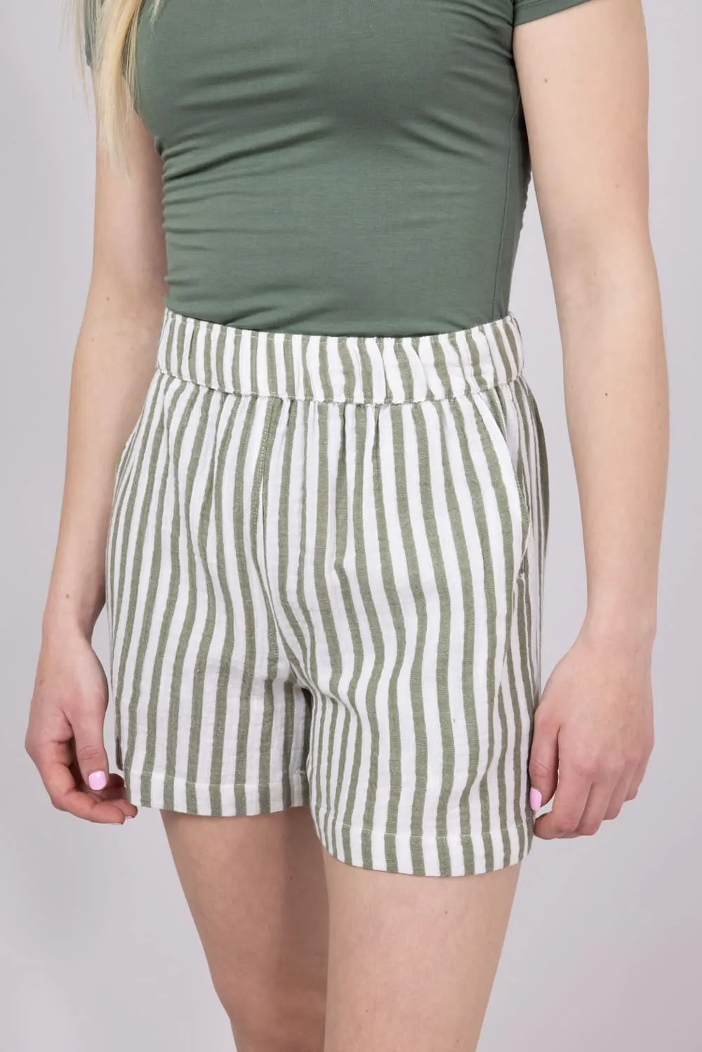 Stripe Boxer Lounge Shorts for Women in Chive | 42725-CHIVE