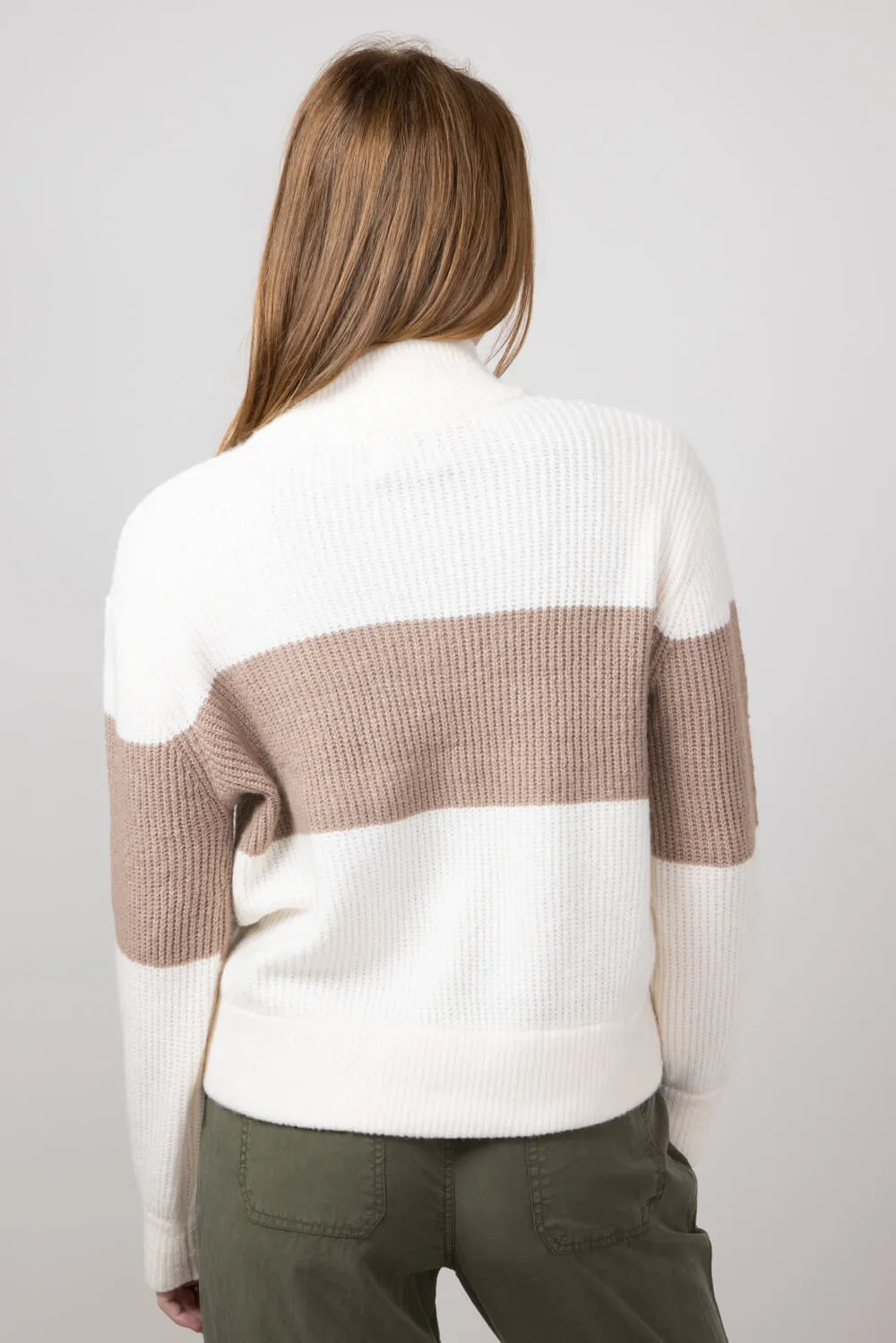 Stripe Mock Neck Sweater for Women in Ivory Mocha Combo | PF3S25406-IVORYMOCHACOMBO