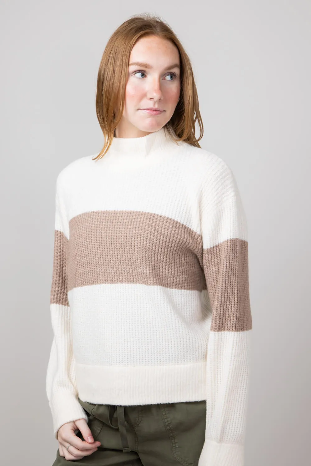 Stripe Mock Neck Sweater for Women in Ivory Mocha Combo | PF3S25406-IVORYMOCHACOMBO