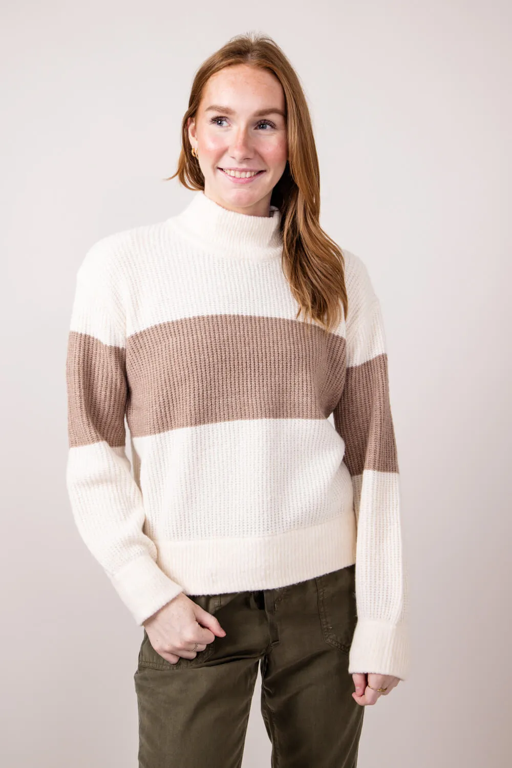 Stripe Mock Neck Sweater for Women in Ivory Mocha Combo | PF3S25406-IVORYMOCHACOMBO