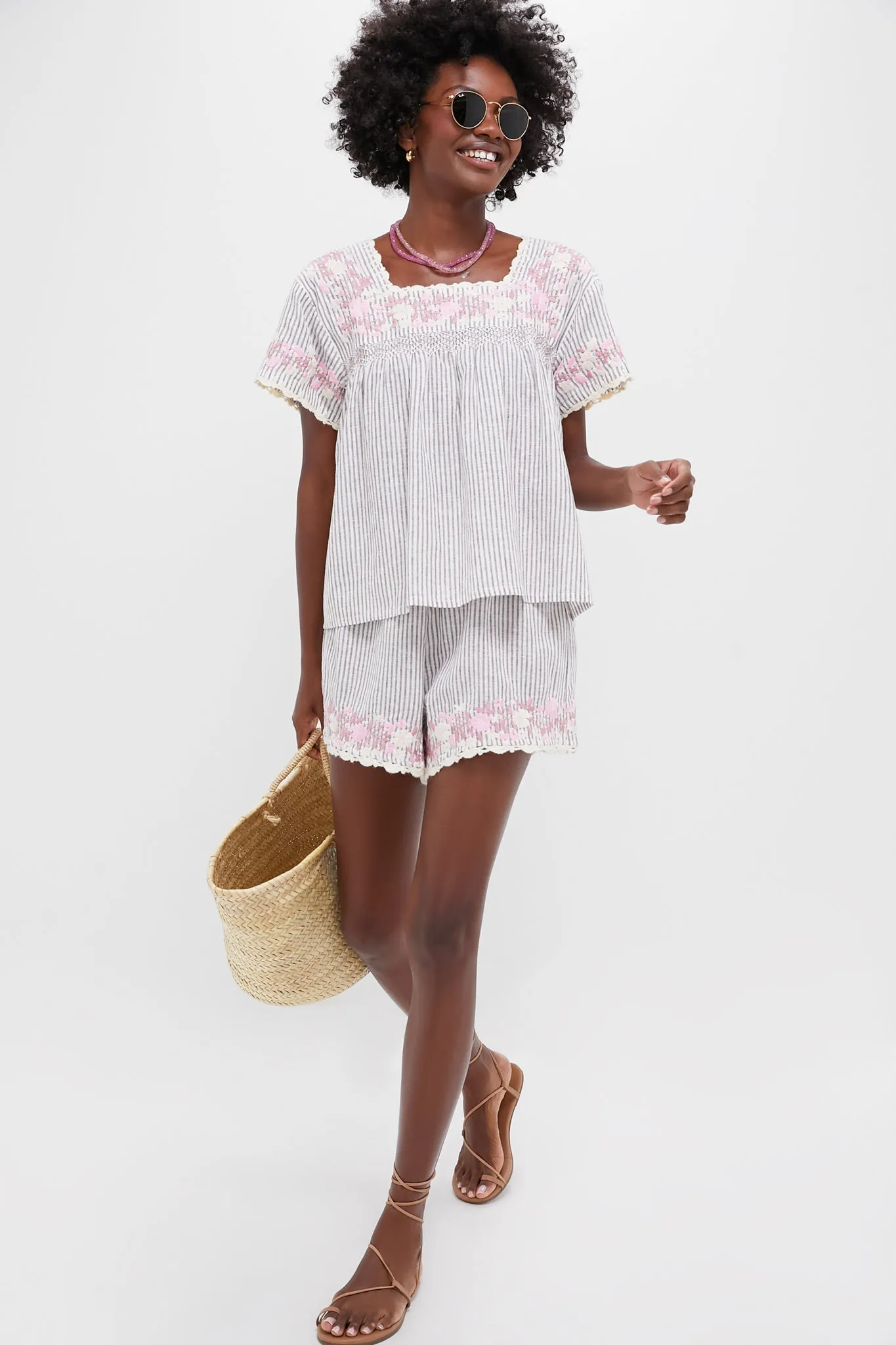 Tan Stripe Embroidered Linen Kali Short