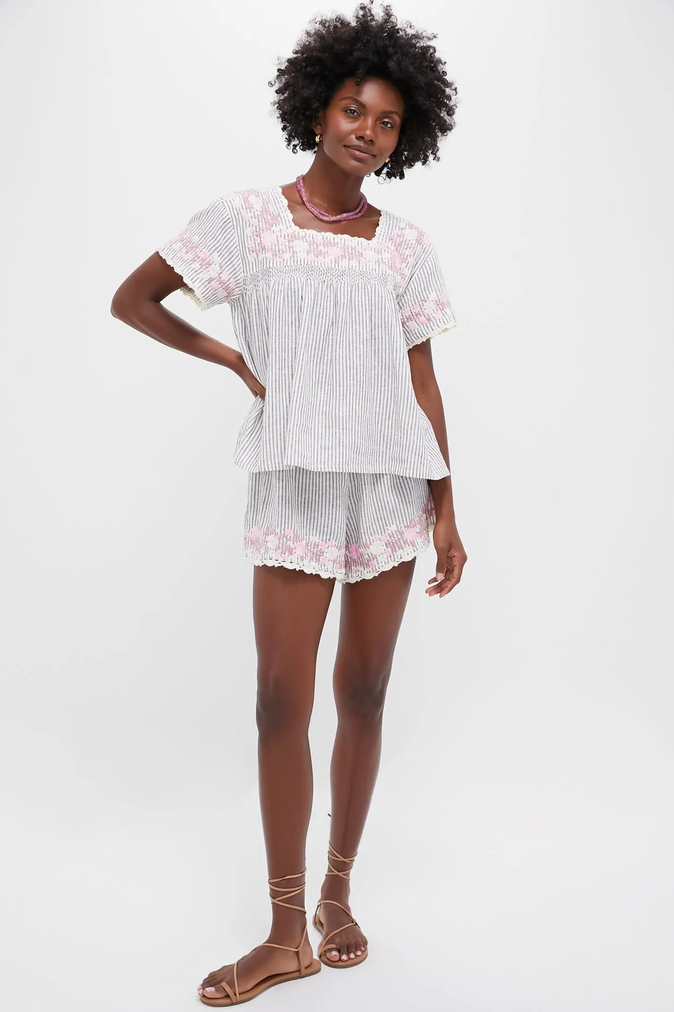 Tan Stripe Embroidered Linen Kali Short